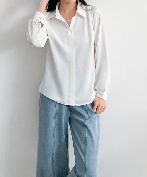LOWO(ロワ)の「ビッグカラー ブラウス 長袖 オフィス フォーマル シャツ(シャツ/ブラウス・レディース・ホワイト/ブラック/ベージュ・FREE)」の7枚目の写真