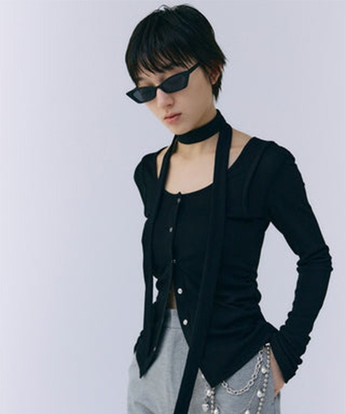 JOSE MOON(ジョゼムーン)の「【JOSEMOON/ジョゼムーン】SCARF CHOKER TOPS/スカーフチョーカートップス(Tシャツ/カットソー・レディース・ダークグレー/ブラック・FREE)」の3枚目の写真