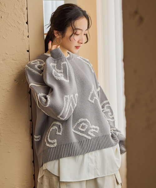 セール】レタリングジャガードニットプルオーバー（ニット/セーター