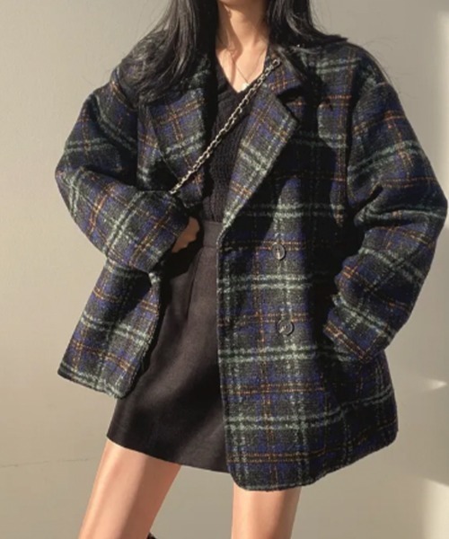 VIVID LADY(ビビッドレディー)の「ミックス織り ダブルブレストコート(テーラードジャケット・レディース・ネイビー/ブラウン・FREE)」の2枚目の写真
