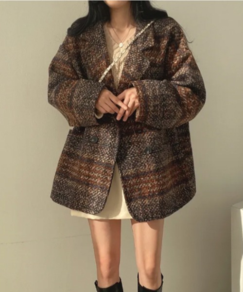 VIVID LADY(ビビッドレディー)の「ミックス織り ダブルブレストコート(テーラードジャケット・レディース・ネイビー/ブラウン・FREE)」の13枚目の写真