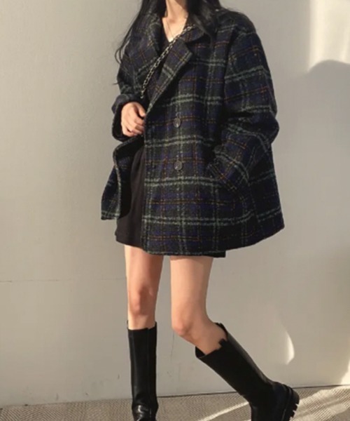 VIVID LADY(ビビッドレディー)の「ミックス織り ダブルブレストコート(テーラードジャケット・レディース・ネイビー/ブラウン・FREE)」の4枚目の写真