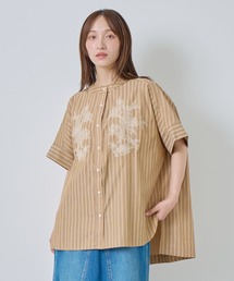 「KELEN / ケレン」フラワーレース刺繍ストライプブラウス