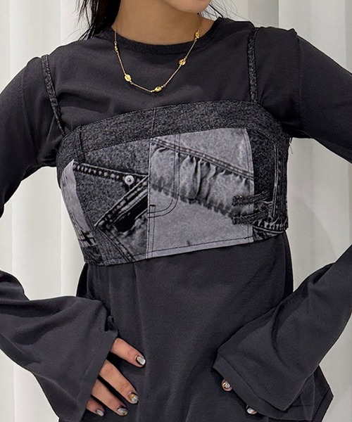 Ameri（アメリ）の「DENIM PATCHWORK PRINT BUSTIER（チューブトップ・レディース・ブラック/ブルー・SMALL/MEDIUM）」の2枚目の写真