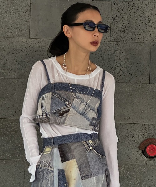 Ameri（アメリ）の「DENIM PATCHWORK PRINT BUSTIER（チューブトップ・レディース・ブラック/ブルー・SMALL/MEDIUM）」の18枚目の写真