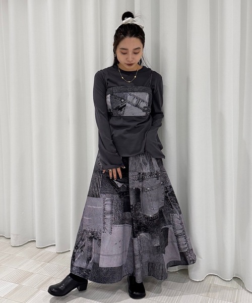 Ameri（アメリ）の「DENIM PATCHWORK PRINT BUSTIER（チューブトップ・レディース・ブラック/ブルー・SMALL/MEDIUM）」の6枚目の写真