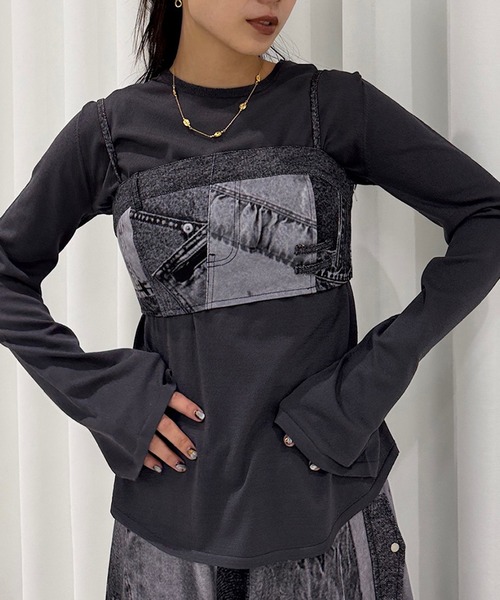 Ameri（アメリ）の「DENIM PATCHWORK PRINT BUSTIER（チューブトップ・レディース・ブラック/ブルー・SMALL/MEDIUM）」の4枚目の写真