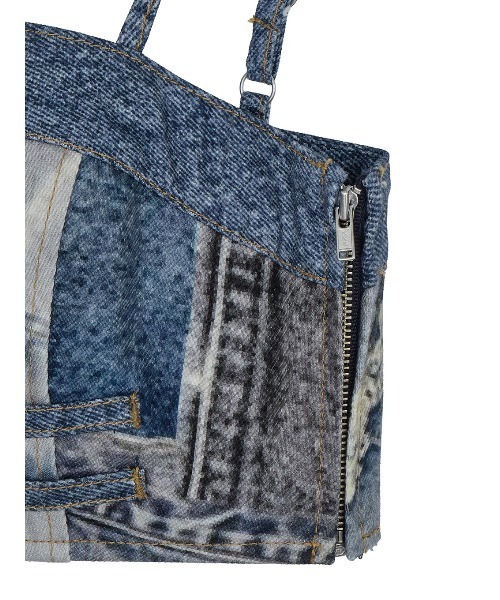 Ameri（アメリ）の「DENIM PATCHWORK PRINT BUSTIER（チューブトップ・レディース・ブラック/ブルー・SMALL/MEDIUM）」の12枚目の写真