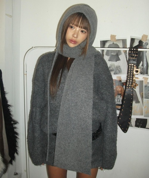 NKNIT マフラーキャップ バラクラバ フード　グレー セール】バラクラバ風 2WAY フード マフラー ニット（ニットキャップ