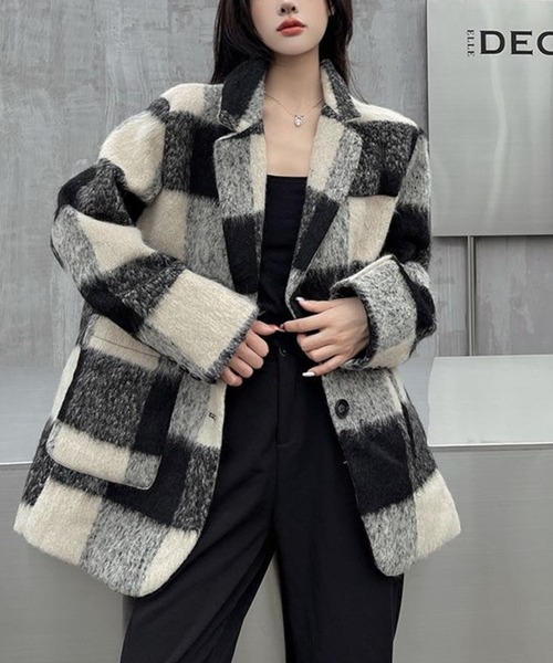 セール】ブロックチェック柄 オーバーサイズジャケット（テーラード