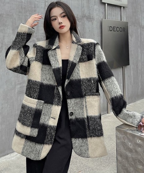 セール】ブロックチェック柄 オーバーサイズジャケット（テーラード