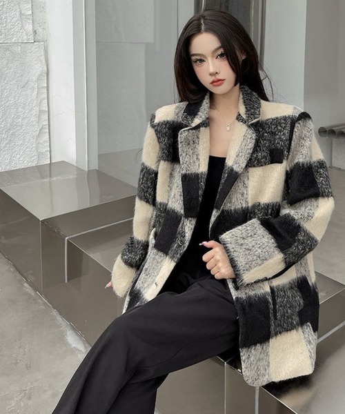 セール】ブロックチェック柄 オーバーサイズジャケット（テーラード