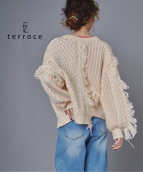 terrace(テラス)の「フリンジニットアシメトリーカーディガン(カーディガン/ボレロ・レディース・カーキ/ブラック/アイボリー・FREE)」の2枚目の写真