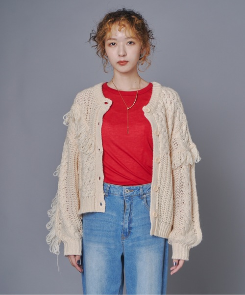 terrace(テラス)の「フリンジニットアシメトリーカーディガン(カーディガン/ボレロ・レディース・カーキ/ブラック/アイボリー・FREE)」の4枚目の写真