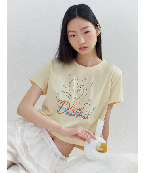 OPENING SUNSHINE(オープニングサンシャイン)の「カップルスワンクロップTシャツイエロー(Tシャツ/カットソー・レディース・その他・FREE)」の1枚目の写真
