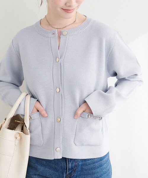 natural couture（ナチュラルクチュール）の「ビットポケットニットジャケット（ノーカラージャケット・レディース・オフホワイト/ベージュ/ブラック/サックスブルー・FREE）」の13枚目の写真