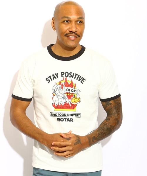 ROTAR(ローター)の「STAY POSITIVE Ringer Tee(Tシャツ/カットソー・メンズ・ホワイト×ブラック/グレー系その他・SMALL/MEDIUM/LARGE/X-LARGE)」の1枚目の写真