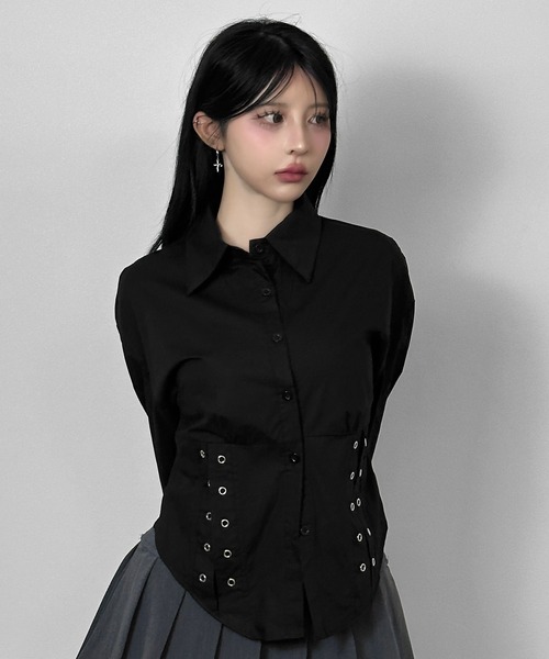 FOLLOWIN(フォロウィン)の「2color/ウエストレースアップラインシャツ(シャツ/ブラウス・レディース・ブラック/ホワイト・FREE)」の22枚目の写真