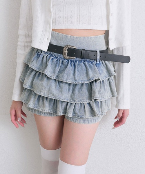 OLIVE des OLIVE(オリーブデオリーブ)の「合皮ベルト付きフリルショートパンツ(その他パンツ・レディース・ベージュ/ブラック/ワンウォッシュ・FREE)」の3枚目の写真