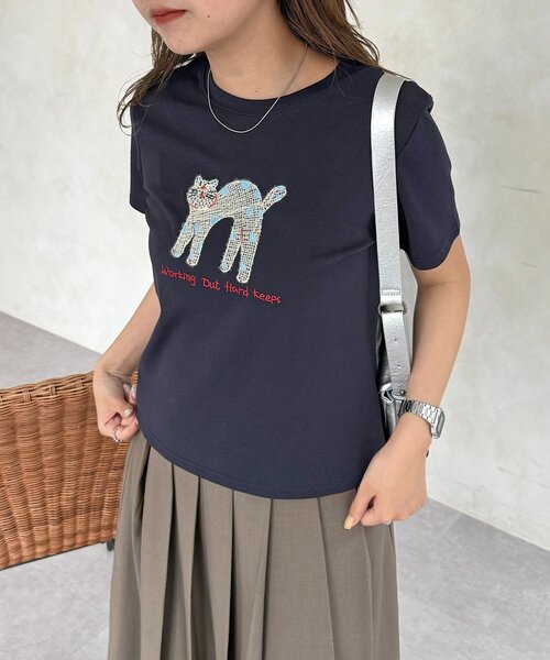 CPCM（シーピーシーエム）の「ネコ刺繍T（Tシャツ/カットソー・レディース・グレー/イエロー/ネイビー/ホワイト・FREE）」の3枚目の写真
