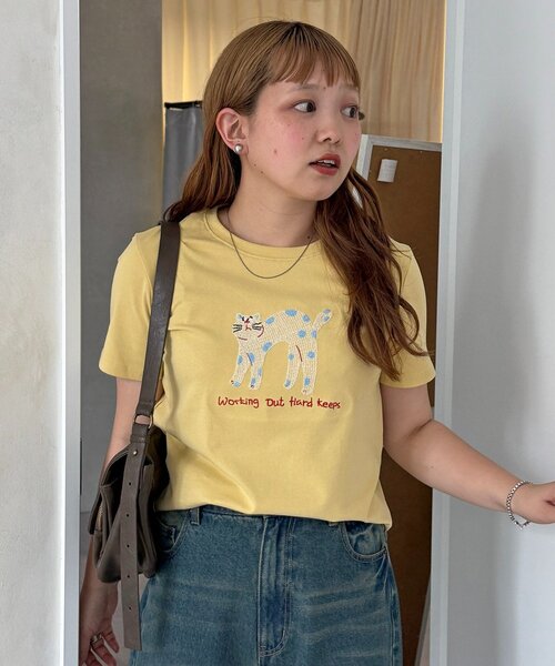 CPCM（シーピーシーエム）の「ネコ刺繍T（Tシャツ/カットソー・レディース・グレー/イエロー/ネイビー/ホワイト・FREE）」の4枚目の写真