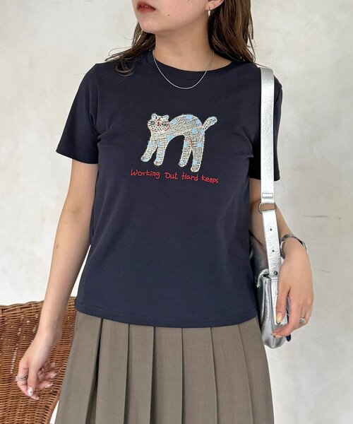 CPCM（シーピーシーエム）の「ネコ刺繍T（Tシャツ/カットソー・レディース・グレー/イエロー/ネイビー/ホワイト・FREE）」の5枚目の写真