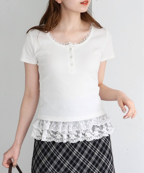 tiptop(ティップトップ)の「テレコ襟裾レース半袖プルオーバー(Tシャツ/カットソー・レディース・ブラック/オフホワイト/ホワイト系その他/ホワイト系その他2・FREE)」の7枚目の写真