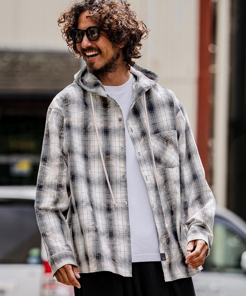 CAMBIO(カンビオ)の「ms6537-Bleached Hooded Check Long Sleeve Shirts フード付きチェックシャツ(PF-262-006)(シャツ/ブラウス・メンズ・サックスブルー/ブラック・L/M)」の1枚目の写真