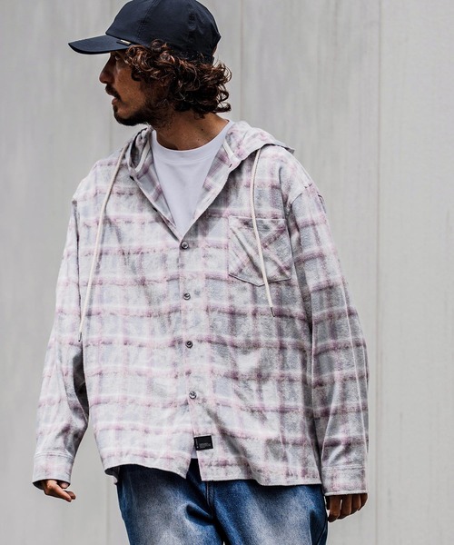 CAMBIO(カンビオ)の「ms6537-Bleached Hooded Check Long Sleeve Shirts フード付きチェックシャツ(PF-262-006)(シャツ/ブラウス・メンズ・サックスブルー/ブラック・L/M)」の4枚目の写真