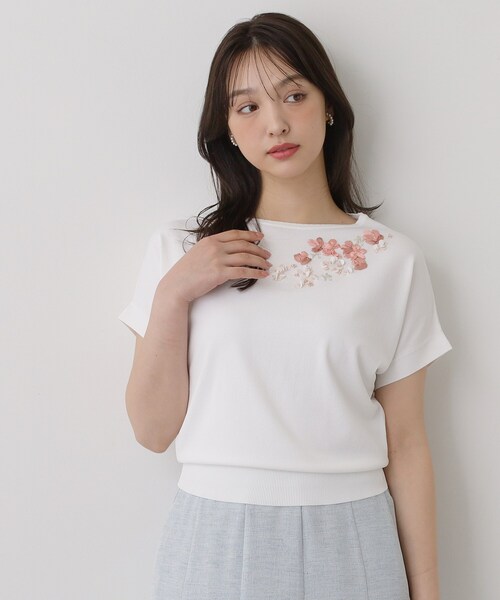 Sunauna(スーナウーナ)の「【SS~Lサイズ展開/スパンコール・ビジュー・刺繍】クラフトニット(ニット/セーター・レディース・ネイビー/グリーン系/ホワイト・40/38/34)」の7枚目の写真