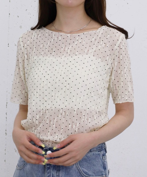 archives(アルシーヴ)の「【1枚でも重ねても可愛い】ドットアソートレースTOPS(Tシャツ/カットソー・レディース・アイボリー/オフホワイト/ブラック・MEDIUM)」の1枚目の写真