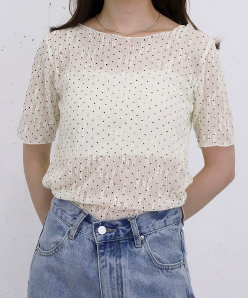 archives(アルシーヴ)の「【1枚でも重ねても可愛い】ドットアソートレースTOPS(Tシャツ/カットソー・レディース・アイボリー/オフホワイト/ブラック・MEDIUM)」の4枚目の写真