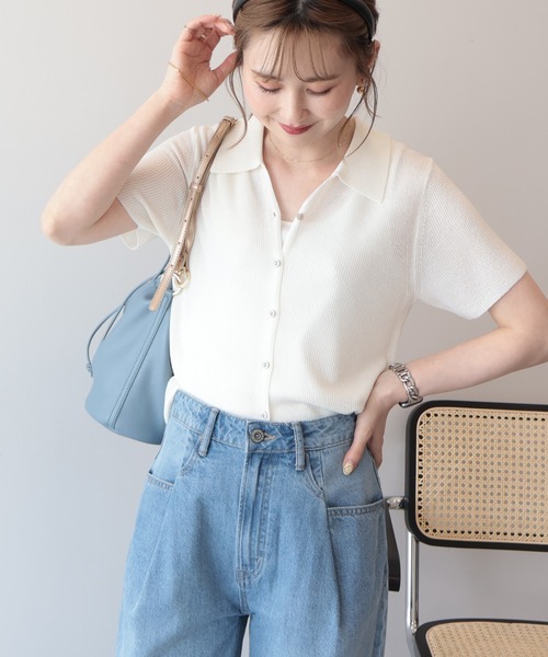 AMERICAN HOLIC(アメリカンホリック)の「襟付きスキッパー半袖ニットポロ(ポロシャツ・レディース・オフホワイト/ブラック/ベージュ・L/M)」の8枚目の写真