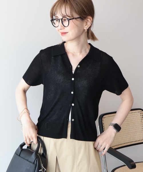AMERICAN HOLIC(アメリカンホリック)の「襟付きスキッパー半袖ニットポロ(ポロシャツ・レディース・オフホワイト/ブラック/ベージュ・L/M)」の14枚目の写真