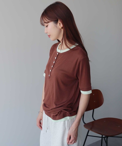 earth music&ecology(アースミュージックアンドエコロジー)の「シアーレイヤード風5分袖プルオーバー(Tシャツ/カットソー・レディース・ブラック/オフホワイト/ブラウン/ライラック・FREE)」の13枚目の写真