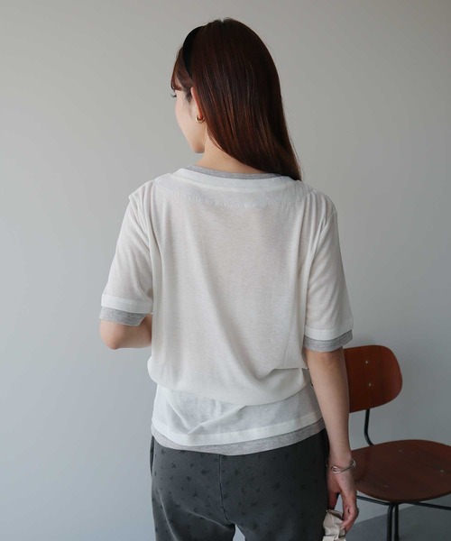earth music&ecology(アースミュージックアンドエコロジー)の「シアーレイヤード風5分袖プルオーバー(Tシャツ/カットソー・レディース・ブラック/オフホワイト/ブラウン/ライラック・FREE)」の21枚目の写真
