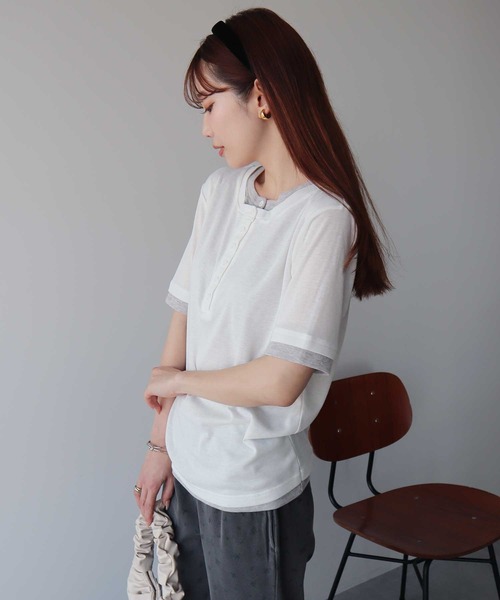 earth music&ecology(アースミュージックアンドエコロジー)の「シアーレイヤード風5分袖プルオーバー(Tシャツ/カットソー・レディース・ブラック/オフホワイト/ブラウン/ライラック・FREE)」の20枚目の写真