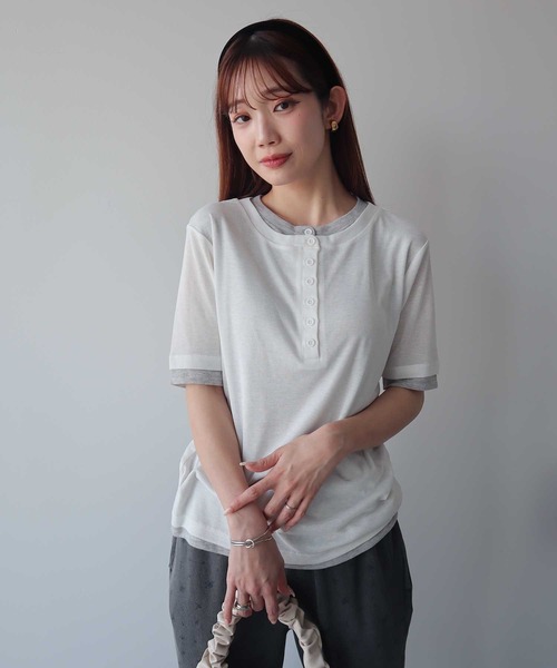 earth music&ecology(アースミュージックアンドエコロジー)の「シアーレイヤード風5分袖プルオーバー(Tシャツ/カットソー・レディース・ブラック/オフホワイト/ブラウン/ライラック・FREE)」の19枚目の写真