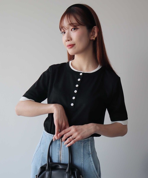 earth music&ecology(アースミュージックアンドエコロジー)の「シアーレイヤード風5分袖プルオーバー(Tシャツ/カットソー・レディース・ブラック/オフホワイト/ブラウン/ライラック・FREE)」の6枚目の写真