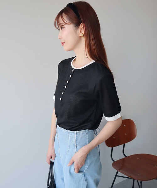 earth music&ecology(アースミュージックアンドエコロジー)の「シアーレイヤード風5分袖プルオーバー(Tシャツ/カットソー・レディース・ブラック/オフホワイト/ブラウン/ライラック・FREE)」の7枚目の写真