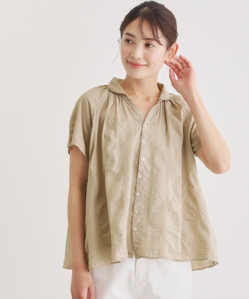 LAURA ASHLEY(ローラアシュレイ)の「【日本製/ワンマイルウエア】コットンワイドストライプ ギャザーブラウス(シャツ/ブラウス・レディース・グレー/ライトオレンジ系・38)」の1枚目の写真