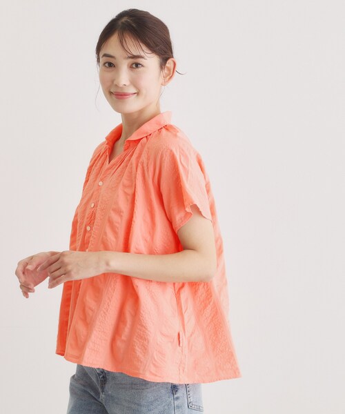 LAURA ASHLEY(ローラアシュレイ)の「【日本製/ワンマイルウエア】コットンワイドストライプ ギャザーブラウス(シャツ/ブラウス・レディース・グレー/ライトオレンジ系・38)」の7枚目の写真