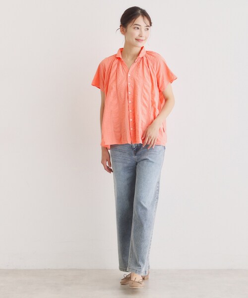 LAURA ASHLEY(ローラアシュレイ)の「【日本製/ワンマイルウエア】コットンワイドストライプ ギャザーブラウス(シャツ/ブラウス・レディース・グレー/ライトオレンジ系・38)」の8枚目の写真