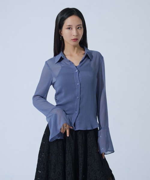Ellno de Mavie(エルノデメヴィ)の「楊柳シアーフレアスリーブシャツ(シャツ/ブラウス・レディース・ブラック/ブルー・FREE)」の4枚目の写真