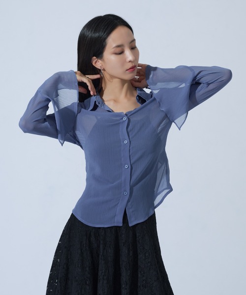Ellno de Mavie(エルノデメヴィ)の「楊柳シアーフレアスリーブシャツ(シャツ/ブラウス・レディース・ブラック/ブルー・FREE)」の6枚目の写真