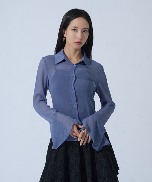 Ellno de Mavie(エルノデメヴィ)の「楊柳シアーフレアスリーブシャツ(シャツ/ブラウス・レディース・ブラック/ブルー・FREE)」の5枚目の写真