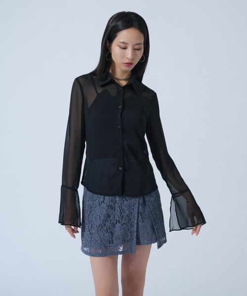 Ellno de Mavie(エルノデメヴィ)の「楊柳シアーフレアスリーブシャツ(シャツ/ブラウス・レディース・ブラック/ブルー・FREE)」の18枚目の写真