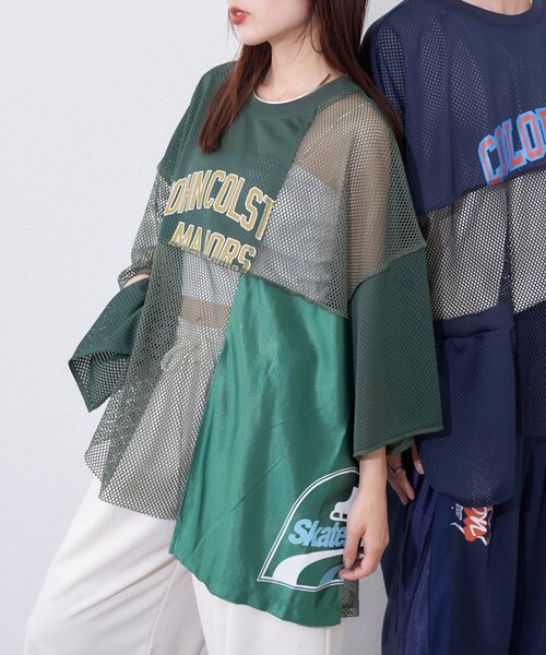 etsinta（エシンタ）の「【etsinta】リメイクメッシュBIGプルオーバー（Tシャツ/カットソー・レディース・グリーン/ネイビー/オフホワイト・ONE SIZE）」の2枚目の写真
