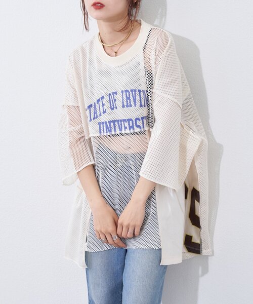 etsinta（エシンタ）の「【etsinta】リメイクメッシュBIGプルオーバー（Tシャツ/カットソー・レディース・グリーン/ネイビー/オフホワイト・ONE SIZE）」の5枚目の写真