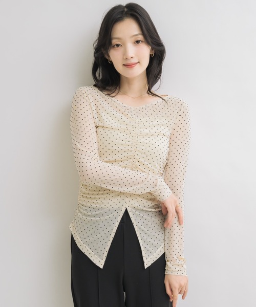 NEUNA（ヌナ）の「フロントギャザードットシアートップス（Tシャツ/カットソー・レディース・ブラウン/アイボリー・FREE）」の7枚目の写真